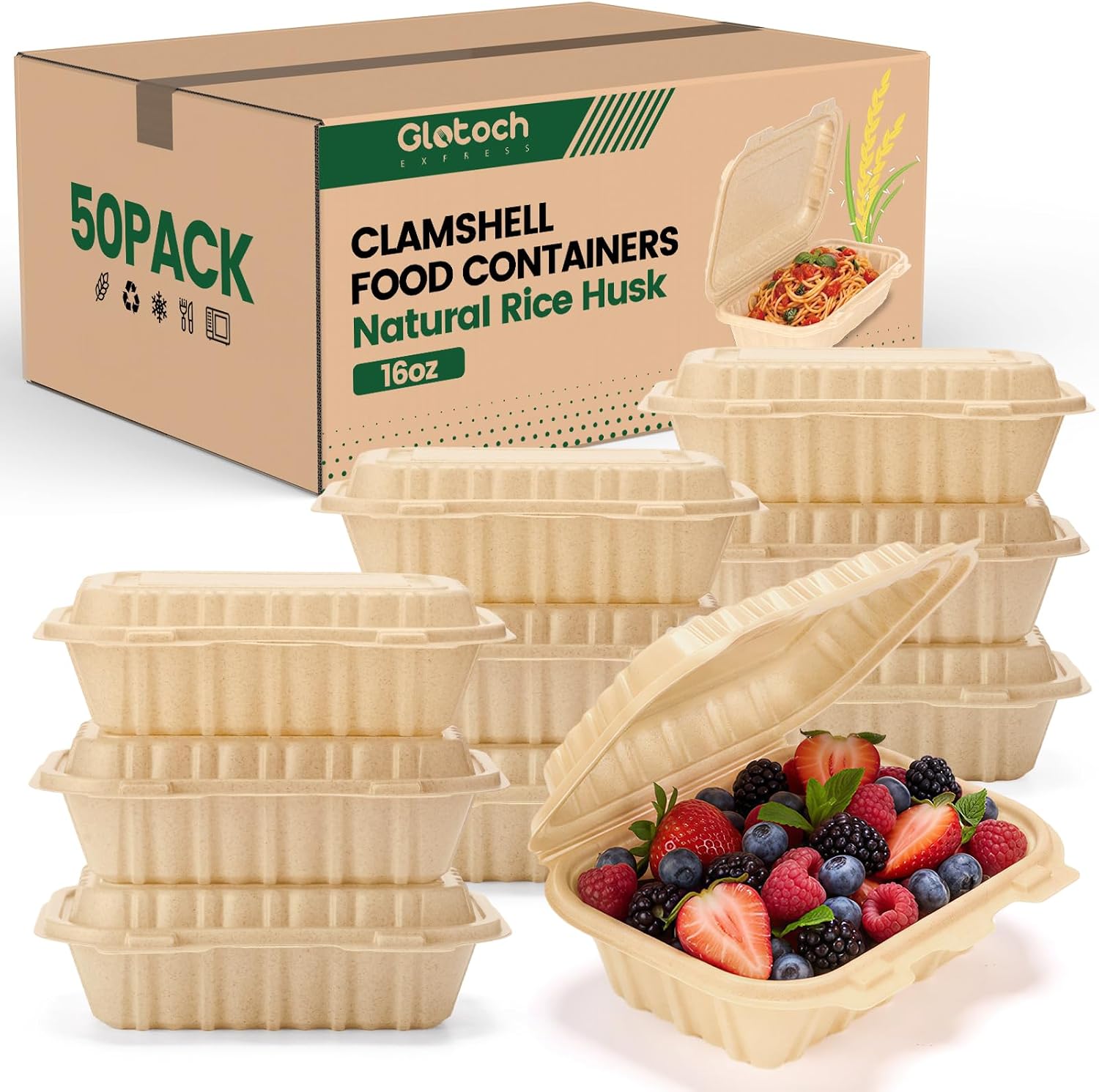 Meal Prep Ideas - 50er-Pack 16oz Clamshell Take-Away-Behälter, Natürliche Reishülsen-Einwegboxen