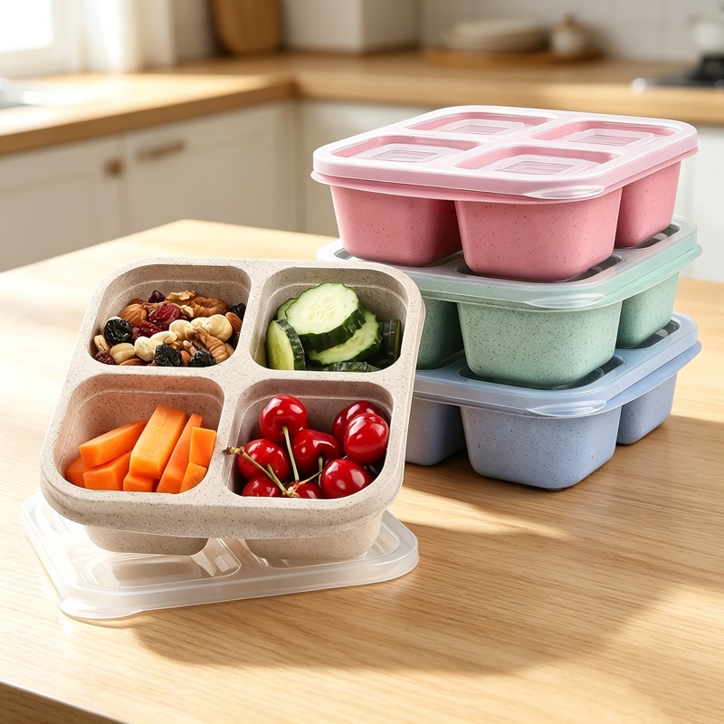 Meal Prep Lunch - Premium-Bento-Box aus Weizenstroh mit 4 Fächern